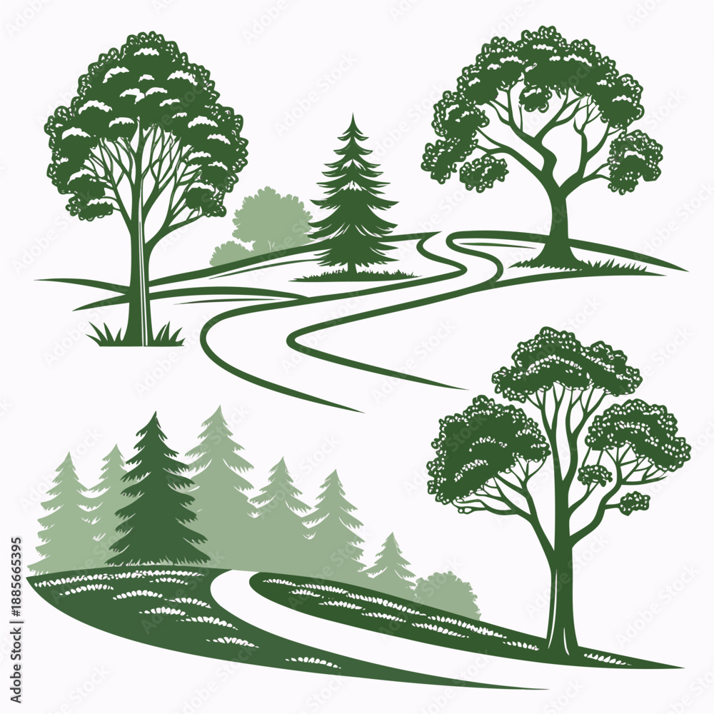 Obraz premium Vector trees and landscape graphics for design applications.