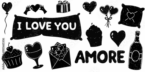 Black and white valentine s day themed illustrations with hearts and romantic messages