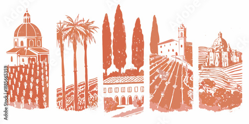 Illustrative red toned cityscape featuring iconic architecture and italian cypress trees