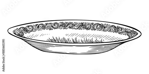 Vintage porcelain plate front view sketch. Realistic hand drawn vector dinnerware with fine floral ornament. Perfect for outline card design. Ideal for elegant tableware decor and nostalgic art.