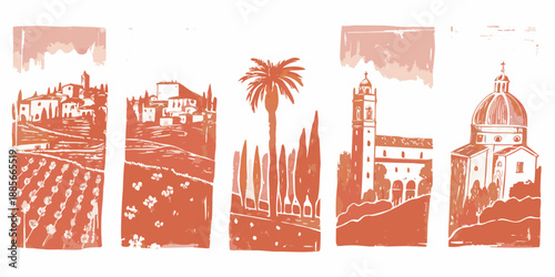 Mediterranean landscapes and architecture illustrated in a vintage reddish orange style