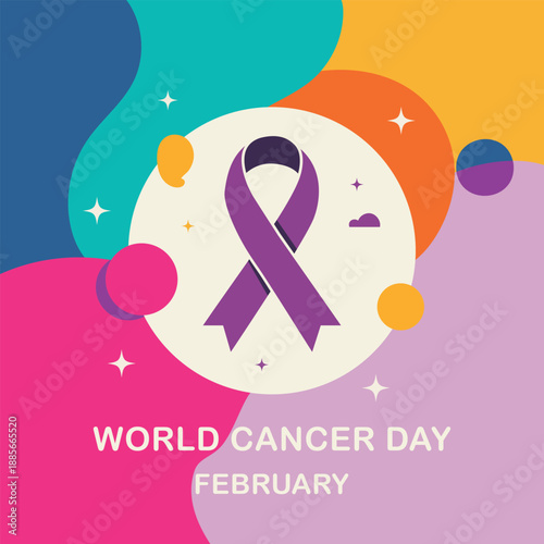 World Cancer Day Awareness Poster with Purple Ribbon and Colorful Abstract Background