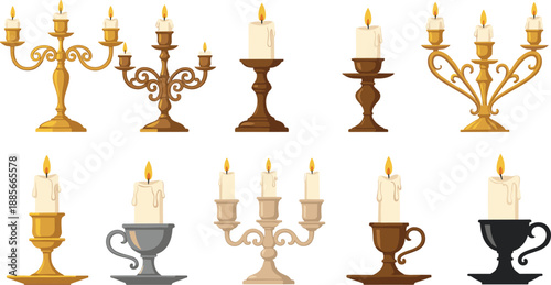 Candle holder and candelabra collection vector illustration set featuring elegant vintage candlesticks with lit candles for decor and celebration designs