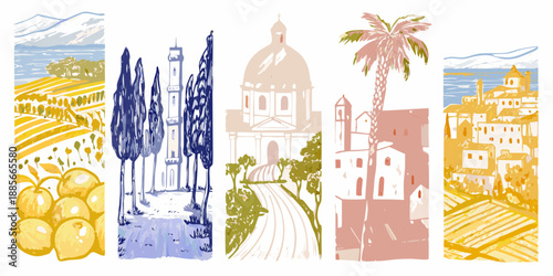 A colorful illustration showcasing italian landscapes architecture and vibrant citrus fruits