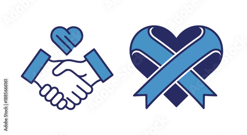 Blue Handshake and Heart Ribbon Charity Vector Icons