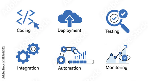 Set of 6 Blue Software Development Process Vector Icons