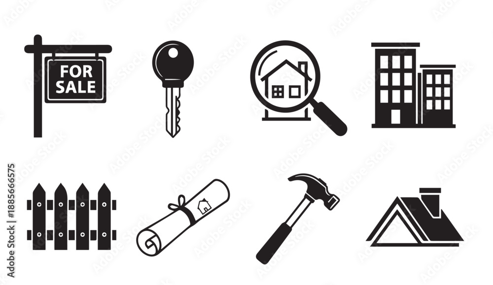 Fototapeta premium Black vector icons of real estate and construction symbols on white background