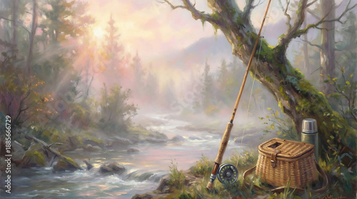 A fishing rod and creel rest beside a peaceful, mist-laden river in a serene natural landscape at dawn.