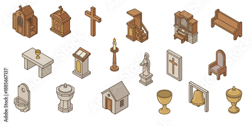 Isometric Church Interior Elements and Religious Objects Vector Set - Catholic Church Furniture and Liturgical Items Collection