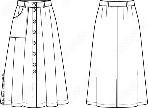 Women long skirt technical flat illustration, button front maxi skirt fashion design, front back view, apparel cad vector