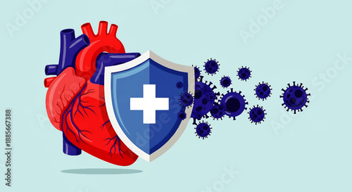 Cancer World Day Heart Shield Virus Defense Illustration – Red Heart, Blue Shield, White Cross, Dark Blue Viruses Against Light Background