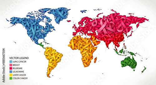 Cancer World Day Global Cancer Map with Color‑coded Patterns Illustrating Lung, Breast, Prostate, Leukemia, and Colon Cancer Prevalence