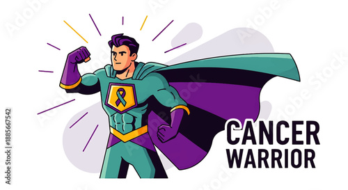 Illustrated Front-Facing Superhero Warrior for Cancer World Day Radiates Resilience with Ribbon and Bold Text