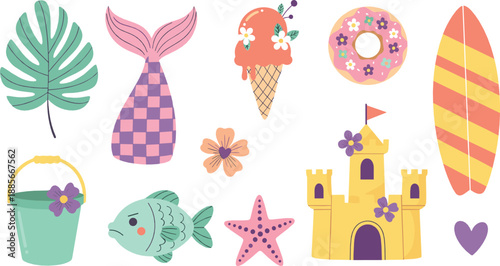Cute summer beach illustration set with mermaid tail, ice cream, donut, surfboard, sandcastle, fish, starfish, and playful pastel flat vector elements
