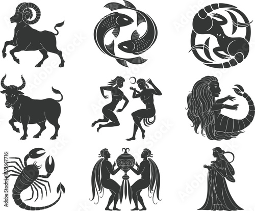 Set of zodiac signs silhouette icons, black astrology symbols for horoscope and mystical celestial design