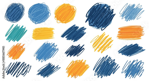 A collection of colorful, hand-drawn scribble shapes in blue, orange, and teal. Ideal for graphic design backgrounds, creative concepts, or playful br