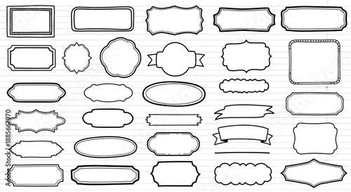 A collection of various hand-drawn blank labels and frames, perfect for adding text or design elements. Ideal for scrapbooking, journaling, or graphic