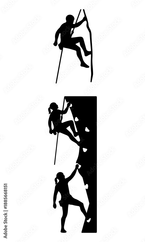 Fototapeta premium Climbing silhouette vector, Set of mountain climbing collection vector art, climbing isolated on white background