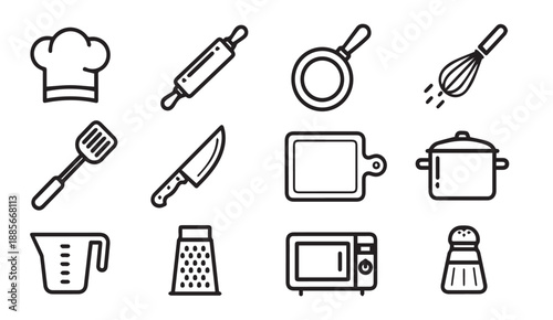 Black line icons of various kitchen utensils and tools on white background