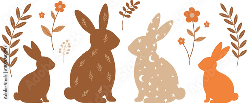 Decorative rabbit silhouette illustration set with floral and celestial patterns, cute bunny shapes, autumn tones, and minimal folk art flat vector design