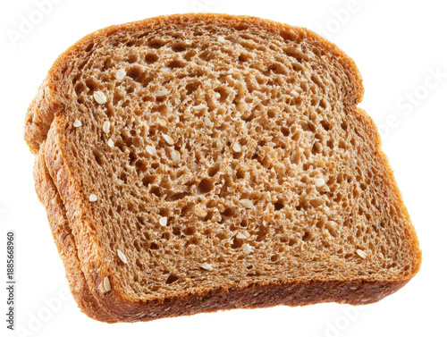 Close-up of three slices of brown bread, stacked. It has a slightly porous texture, with a few sesame seeds visible Isolated Transparent Background, PNG