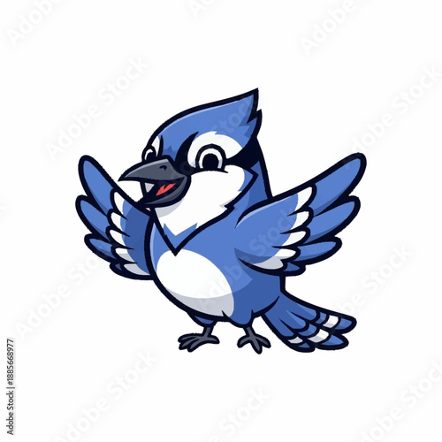 Cute Cartoon Blue Jay Waving Wings.