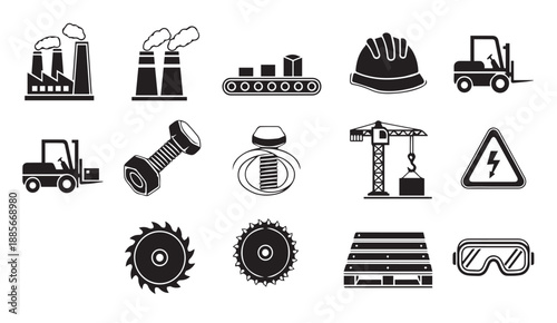 Collection of industrial icons including factory, crane, forklift, hard hat, and safety gear