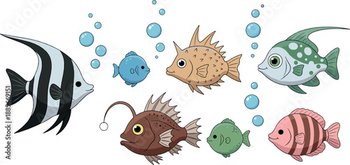 Cute underwater fish illustration set with tropical sea creatures, bubbles, marine life variety, and playful ocean animals in colorful flat vector style