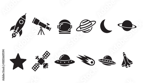 Black vector icons of space objects and exploration tools on white background