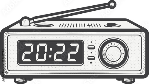 Vintage digital alarm clock radio sketch, retro electronic device with antenna for time and music design