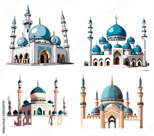 Detailed illustrations of beautiful mosques with blue domes and tall minarets. Architectural Islamic buildings for Ramadan and Eid Mubarak designs.