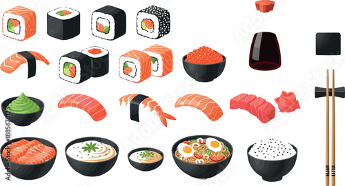 Japanese sushi and ramen food illustration set with rolls, nigiri, seafood, chopsticks, bowls, and traditional Asian cuisine flat vector design