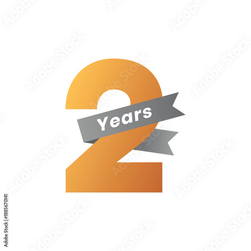 Two Years Anniversary Vector Illustration, Golden Number with Gray Ribbon for Company Event, Corporate Seremoni or Birthday Celebration Background