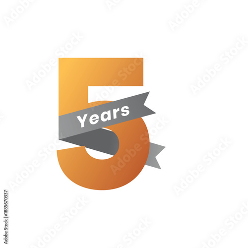 Golden Five Years Anniversary Vector Illustration with Ribbon, Celebrating Company Event, Corporate Ceremony, or Birthday with Elegant Style and Minimalist Design on White
