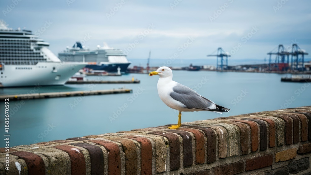 Obraz premium Seagull on brick wall, ships & harbor in background