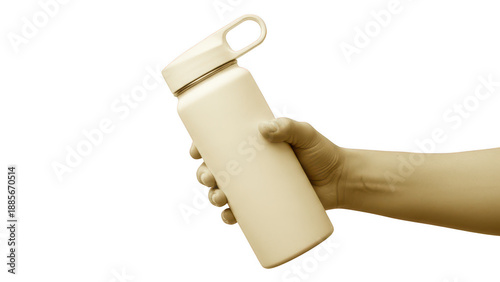 Hand holding beige water bottle