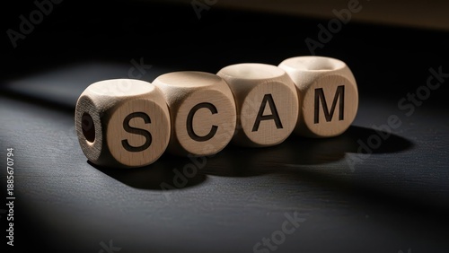Four wooden dice with letters spelling out the word SCAM, casting a shadow on a dark surface.