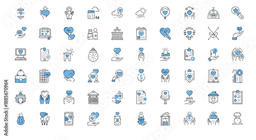 Set of 70 Blue and Gray Charity and Donation Line Icons Vector