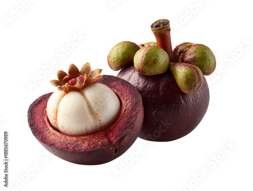Fresh, vibrant image featuring a close-up of a mangosteen fruit. One half is cut open, revealing the luscious white segments within Isolated Transparent Background, PNG
