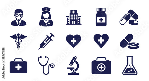 Set of 15 Dark Blue Medical and Healthcare Icons Vector