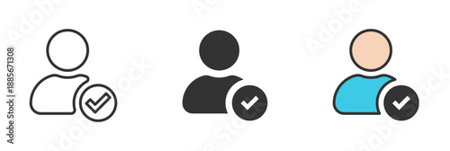 Profile verification icon. Avatar placeholder for web design. Profile picture, portrait symbol. verified account icon with check mark. Blank profile silhouette. Line, glyph and flat style. Vector
