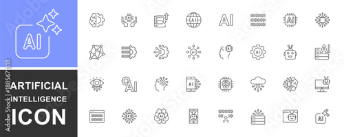Artificial intelligence icon set. Contains such Icons as decision, ai, artificial intelligence, brainstorming, machine learning, assistant, connection, bot. Set of thin lines AI technology. Vector