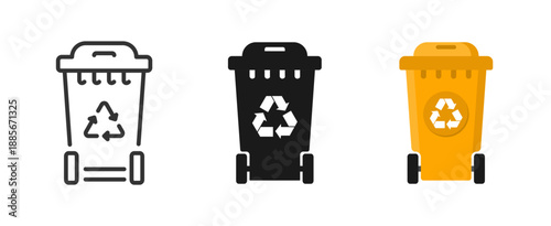 Trash Bin icons set. Garbage bins for garbage collection and recycling. Line, glyph and flat style. Trash can, bin icons, rubbish bin sign. Vector illustration