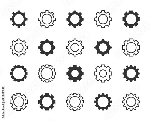 Gear icon set.  Line and glyph gearwheel sign. Outline cogwheel mechanism symbol. Progress or construction concept, Engineering, machinery wheel symbols. Circular or toothed shape objects. Simple cog.