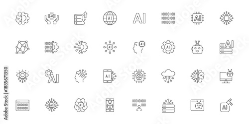 Artificial intelligence icon set. Contains such Icons as decision, ai, artificial intelligence, brainstorming, machine learning, assistant, connection, bot. Set of thin lines AI technology. Vector