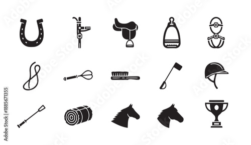 Black vector icons of horse riding equipment and accessories on white background