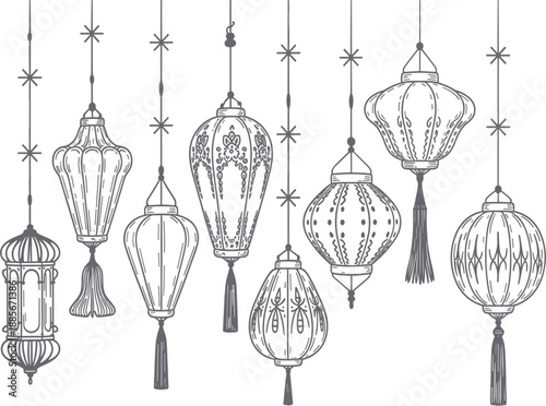 Set of traditional Islamic hanging lantern sketches, decorative oriental lamp silhouettes for Ramadan and Eid design