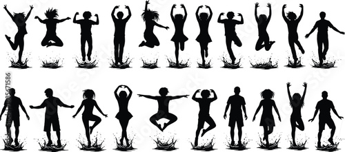 Large Collection of Black Silhouettes Featuring Happy Young People Jumping Dancing and Playing in Water with Dynamic Liquid Splashes and Droplets for Summer Fun Concepts