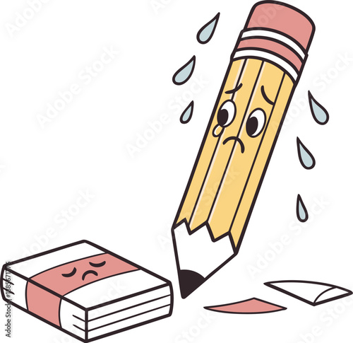 Sad pencil and eraser with sweat drops symbolize frustration, mistakes, and the struggle of creative work.