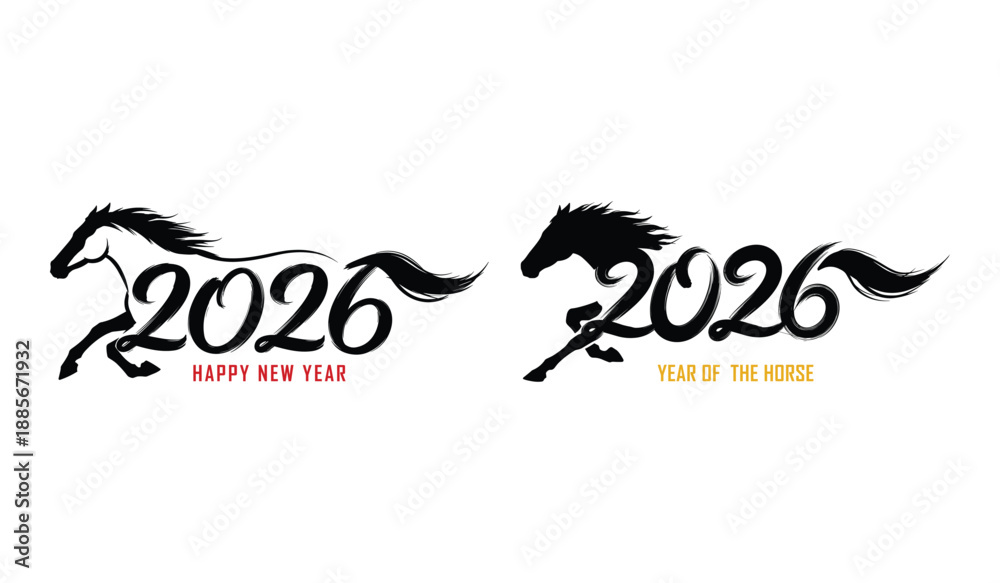 Obraz premium 2026 year of the horse calligraphy with running horse silhouettes in black and red Keywords: 2026, year of the horse, calligraphy, running horse, silhouette, black, red, yellow, happy new year